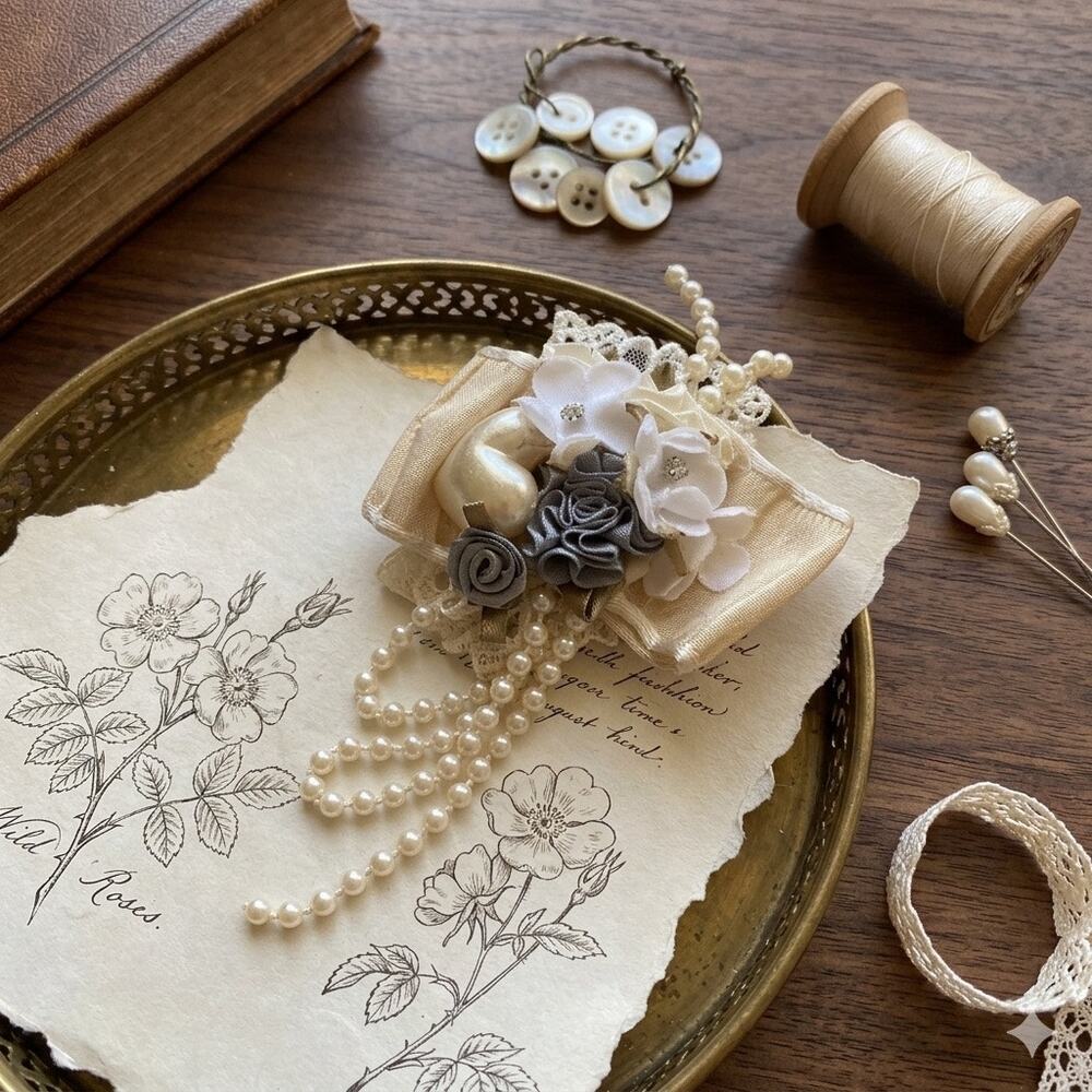 Authentic Vintage Handmade Champagne & Gold Floral Brooch